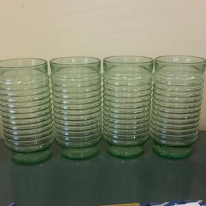 Vintage Anchor Hocking Green Ribbed Glass Tumblers. Set of 4